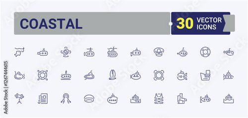 Nautical lined icons set. Related to ship engine, sailing, captain, tower, anchor, ship, bell and more. Thin icon. Editable stroke. Vector illustration.