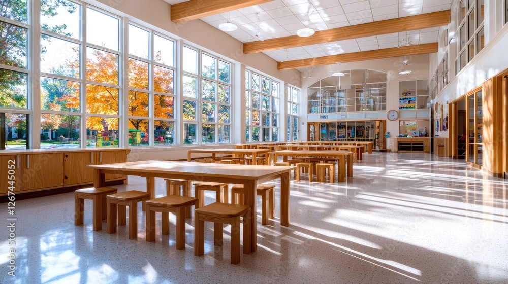 Sunny school cafeteria with autumn view