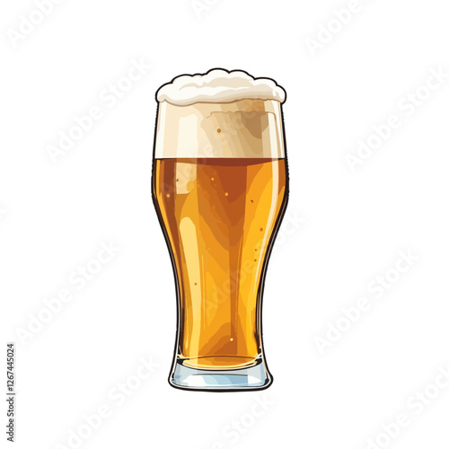 Realistic clip art illustration of a Freshly poured golden beer in a tall glass with a foamy head served at a lively bar during the evening