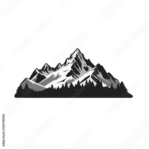 Clip Art illustration of a Majestic mountain range with towering peaks and dense forest in black and white illustration