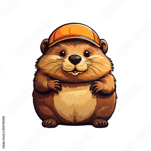 Cute clip art illustration of a cartoon beaver/otter wearing an orange cap smiles cheerfully bober