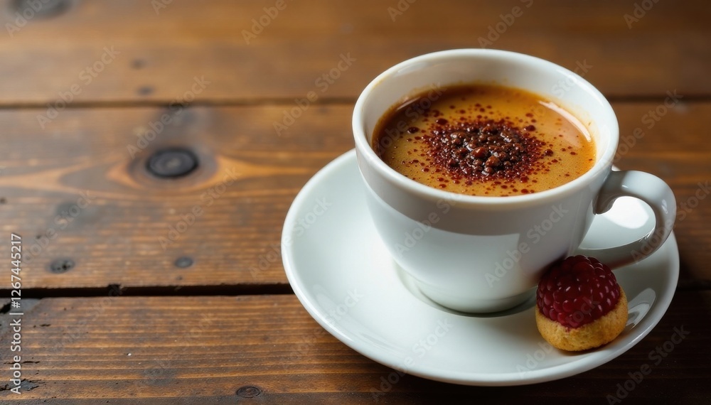 Rich brown liquid in a white cup with cake on a wooden table, cappuccino, cake, background Rich brown liquid in a white cup with cake on a wooden table, cappuccino, cake, background