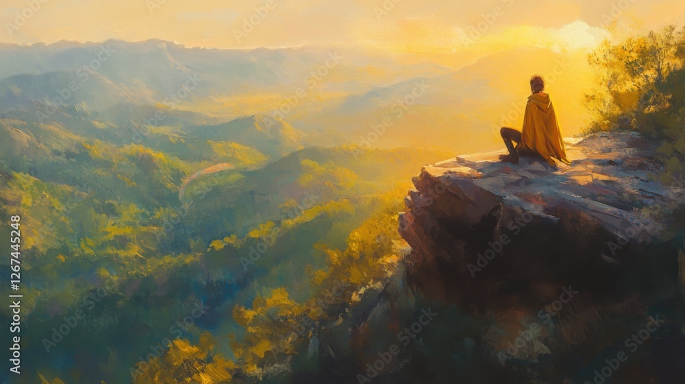 Obraz premium Golden Hour Solitude: A lone figure finds peace atop a mountain, overlooking a breathtaking valley bathed in the warm glow of sunset.