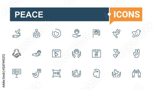Peace Postal and Digital Mail modern icons set. It contains symbols to give, world, life, v, no war, protect, heart and more. Collection for mobile and web apps. Editable stroke. Vector illustration.