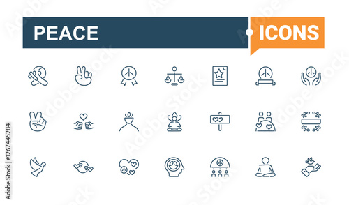 Peace Postal and Digital Mail modern icons set. It contains symbols to give, world, life, v, no war, protect, heart and more. Collection for mobile and web apps. Editable stroke. Vector illustration.