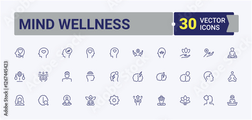 Mind Wellness icon collection. Contains related to treatment, 5on, relaxation, eco, medicals, meditation and more. Simple line vector. Editable stroke. Vector illustration.