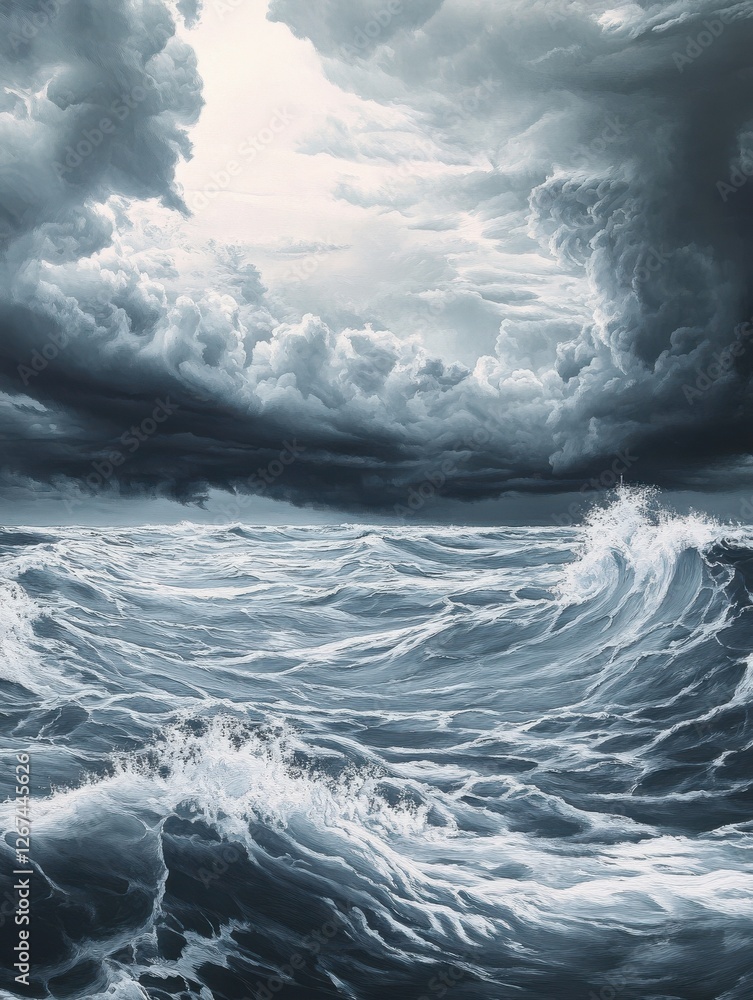Grey clouds gather on the horizon as a storm approaches the sea's surface, turbulent, stormy, landscape Grey clouds gather on the horizon as a storm approaches the sea's surface, turbulent, stormy, landscape