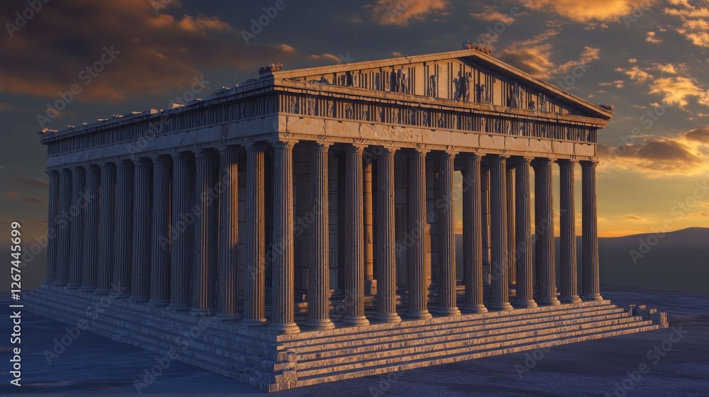 Naklejka premium Ancient Greek temple at sunset, dramatic sky, digital illustration