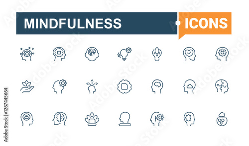 Mindfulness collection. Includes icons for mental, emotion, body, psychology, stress, personal, mind, therapy. Thin icon. Minimalist editable vector stroke.