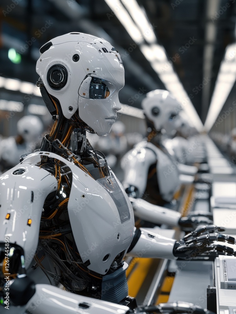 Robots with AI capabilities working in a high-tech manufacturing environment, performing tasks autonomously. Robots with AI capabilities working in a high-tech manufacturing environment, performing tasks autonomously.