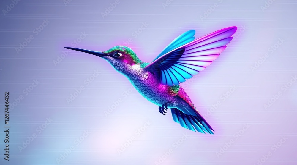 Fototapeta premium A noise-art poster depicting a hummingbird in flight, its wings a blur of neon violet, teal, and pink light trails. 
