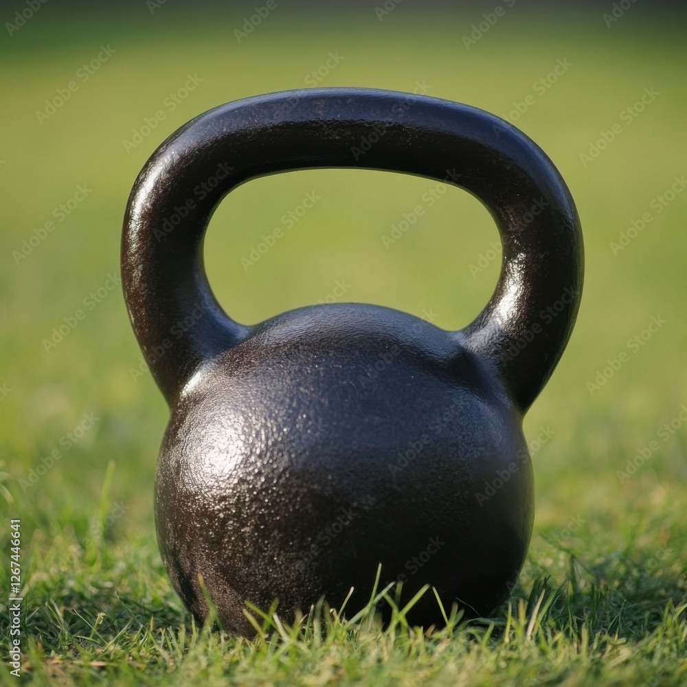 Fototapeta premium Kettlebell resting on fresh green grass under a clear blue sky during a sunny day in a fitness park