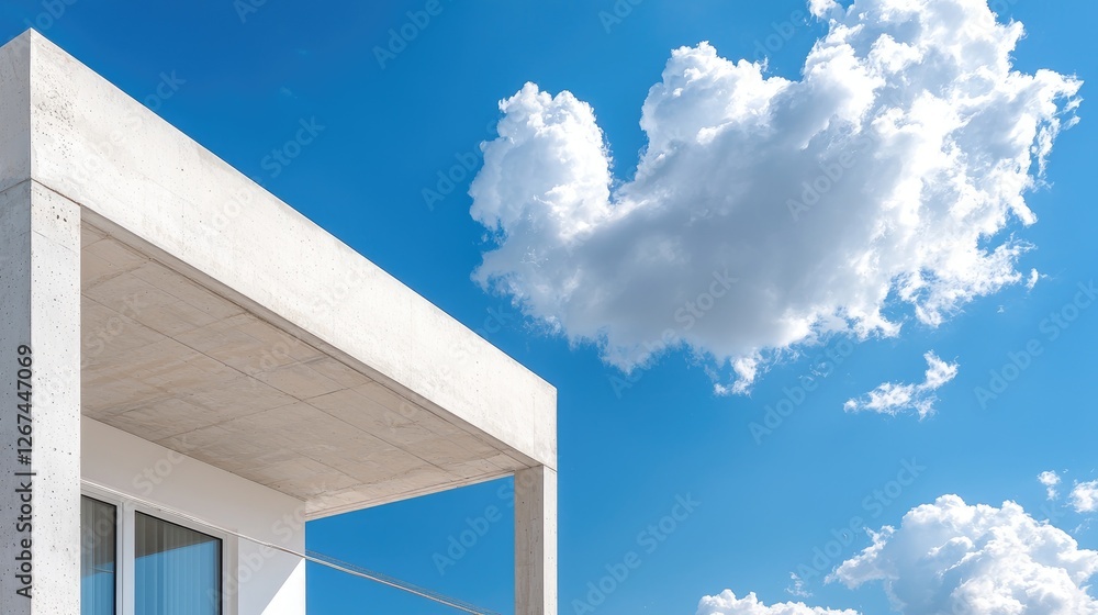 Modern concrete building exterior with balcony under a blue sky Modern concrete building exterior with balcony under a blue sky