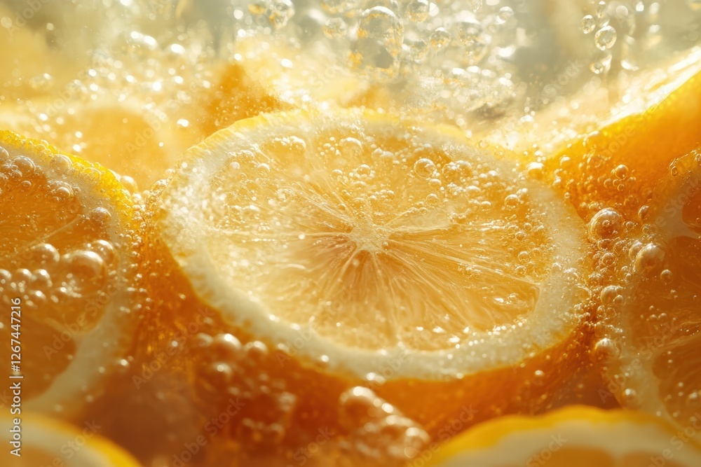vibrant macro shot of fresh lemon slices floating in sparkling water, with delicate bubbles rising to the surface