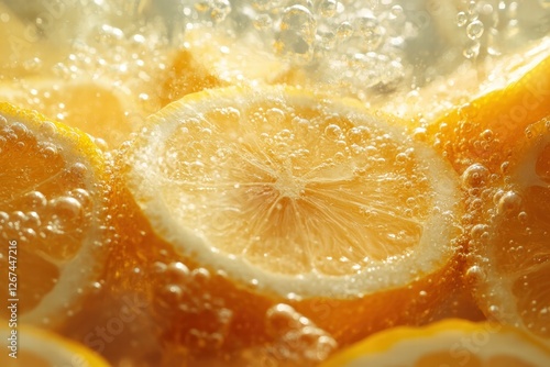 vibrant macro shot of fresh lemon slices floating in sparkling water, with delicate bubbles rising to the surface
