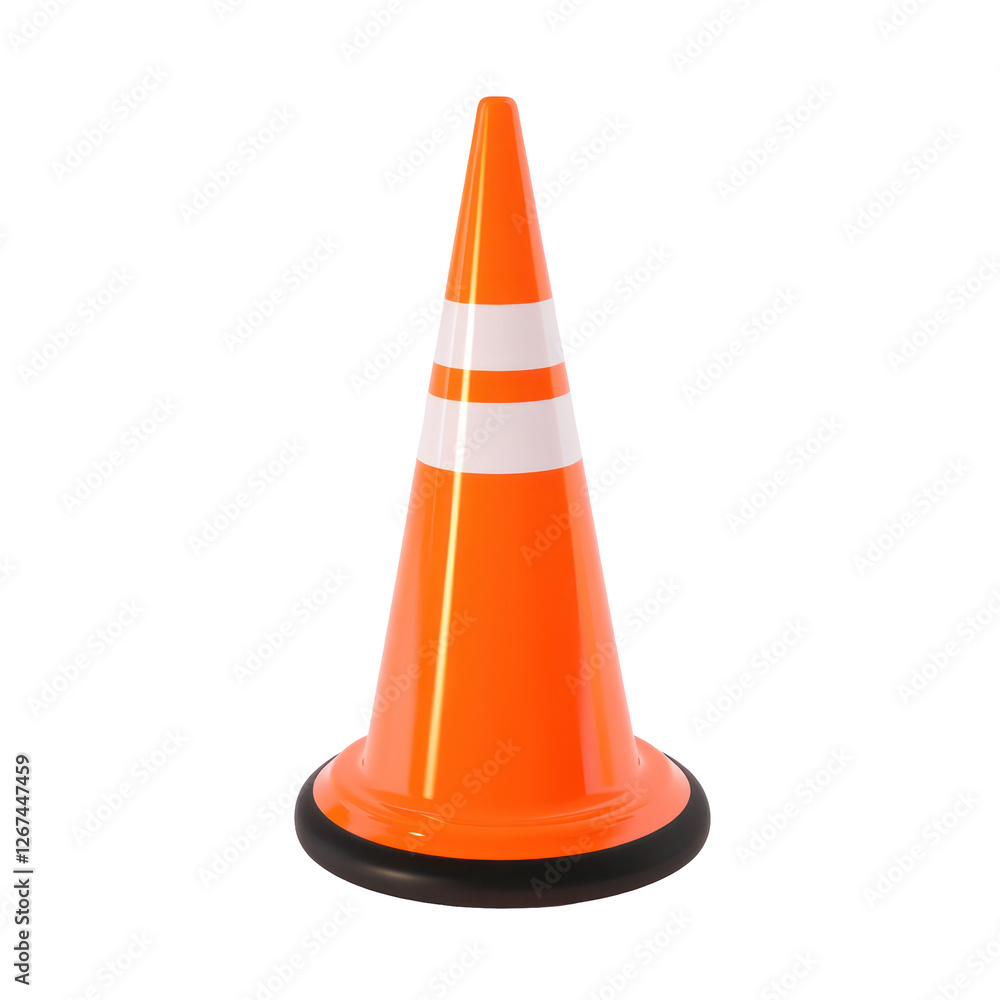 The image shows a bright orange traffic cone with white stripes, likely used for road safety. The image shows a bright orange traffic cone with white stripes, likely used for road safety.