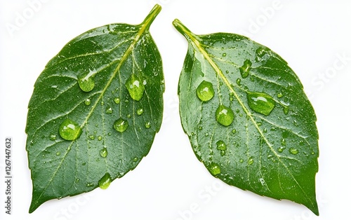 Close-up of green leaves with water droplets on white background showing freshness and nature photo