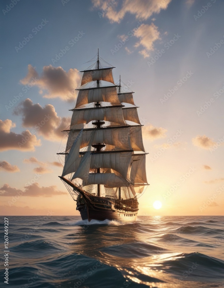 Obraz premium Sailing ship on the horizon with sail unfurled, ocean, seascape, sunlight