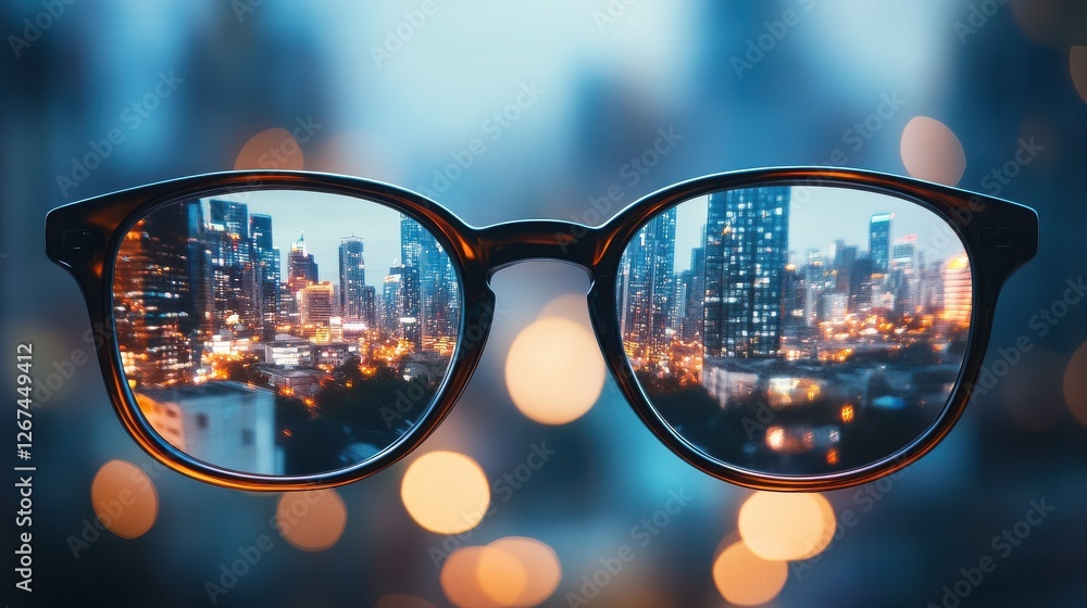 Close up of spectacles on blurry city background. Clean vision concept. Close up of spectacles on blurry city background. Clean vision concept.