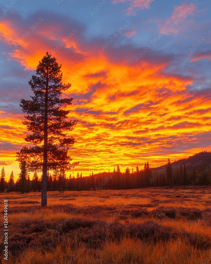 Fototapeta premium Stunning sunset over meadow national park landscape natural environment wide angle serenity