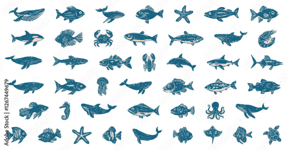 Set of linocut hand-drawn marine animals in blue and beige ink style, including fish, whales, dolphins, sharks, crabs, octopus, and starfish, isolated on transparent background Set of linocut hand-drawn marine animals in blue and beige ink style, including fish, whales, dolphins, sharks, crabs, octopus, and starfish, isolated on transparent background