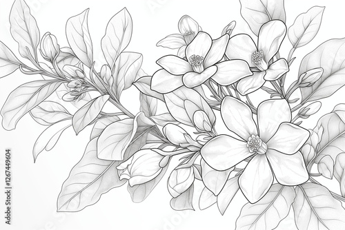 A detailed hand-drawn black and white outline illustration of a Jasmine plant branch (Jasminum sambac, Arabian jasmine), showcasing its delicate flowers and leaves