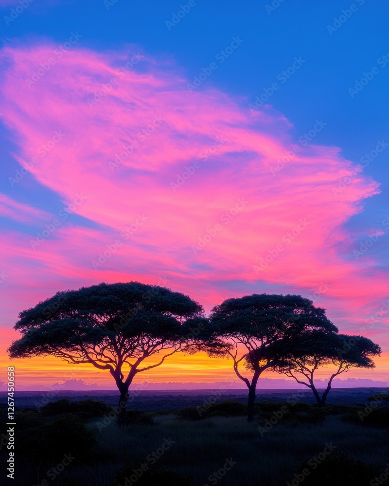 Fototapeta premium Serene sunset over majestic trees coastal landscape nature tranquil environment wide-angle view