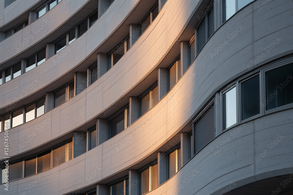 Fototapeta premium Curved concrete building facade with warm light