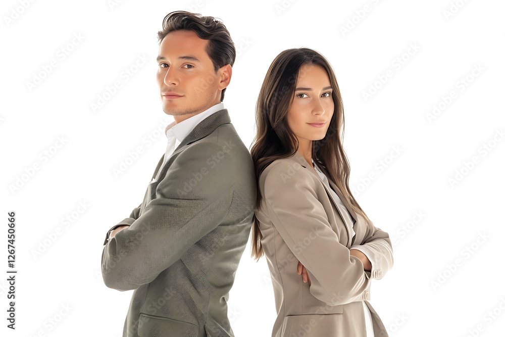 Confident Business Partners Standing Back to Back in Professional Attire on White Background Confident Business Partners Standing Back to Back in Professional Attire on White Background