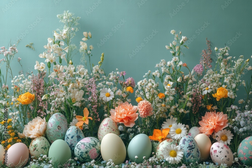 vivid spring flowers and creatively decorated Easter eggs