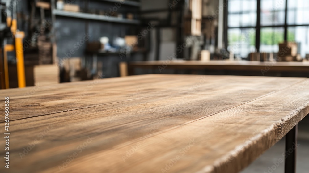 A rustic table in the foreground in a craft wood workshop. Handcrafted table in a craft rustic furniture workshop. A rustic table in the foreground in a craft wood workshop. Handcrafted table in a craft rustic furniture workshop.