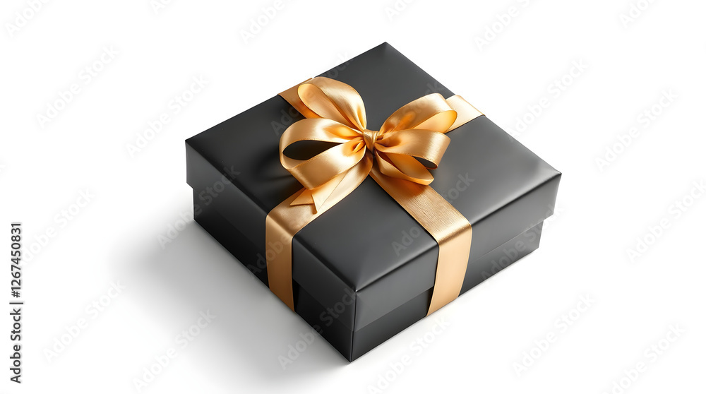 Black gift box wrapped with golden ribbon on white background Black gift box wrapped with golden ribbon on white background