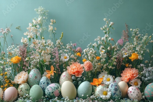 Obraz na płótnie vivid spring flowers and creatively decorated Easter eggs w salonie