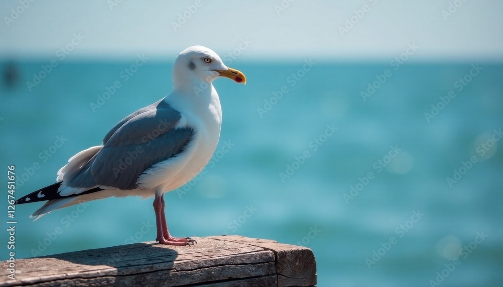 Seagull perched on a weathered wooden beam, sea bird, beach scene, weathered wood Seagull perched on a weathered wooden beam, sea bird, beach scene, weathered wood
