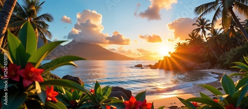 Tropical beach paradise at sunset with red flowers in the foreground, palm trees, and a distant mountain peak overlooking the ocean with gentle waves.