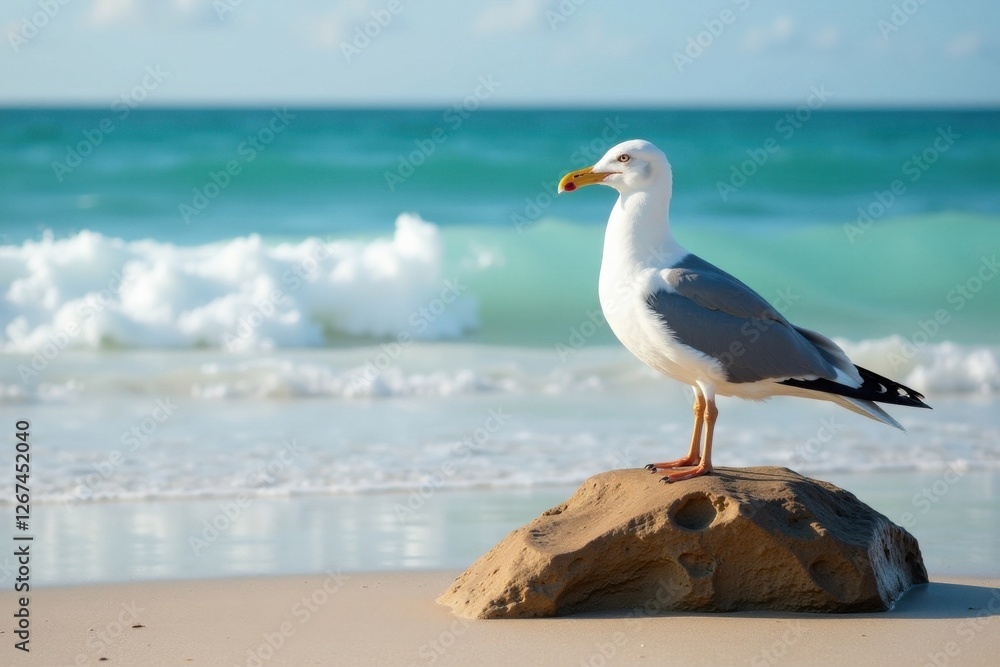 Seagull perched on beach rock beside wave , rock, beach, coastal Seagull perched on beach rock beside wave , rock, beach, coastal