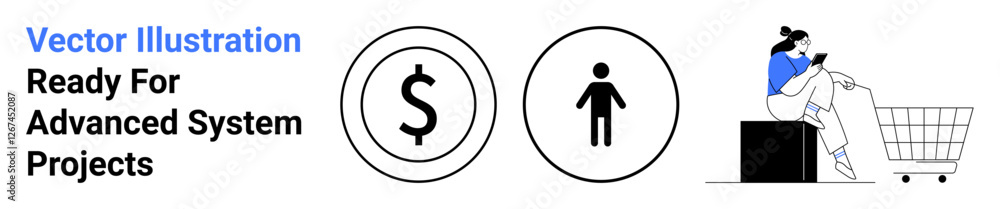 Dollar sign, user profile icon, woman browsing on phone near shopping cart. Ideal for e-commerce, digital transactions, marketing, budgeting, retail, online shopping flat landing page banner Dollar sign, user profile icon, woman browsing on phone near shopping cart. Ideal for e-commerce, digital transactions, marketing, budgeting, retail, online shopping flat landing page banner