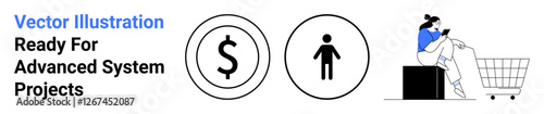 Dollar sign, user profile icon, woman browsing on phone near shopping cart. Ideal for e-commerce, digital transactions, marketing, budgeting, retail, online shopping flat landing page banner