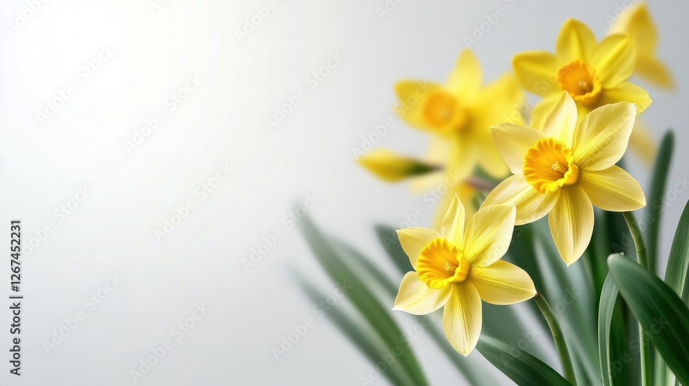 Fototapeta premium doffodil flowers on a white background with blur and green leaves