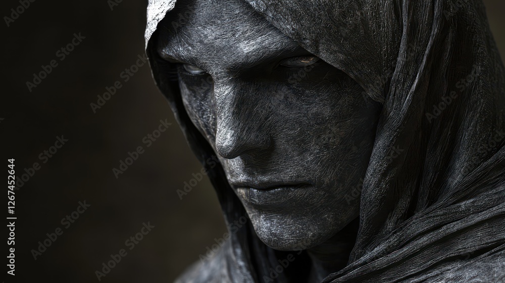 Enigmatic hooded figure sculpted in stone with subtle light play Enigmatic hooded figure sculpted in stone with subtle light play