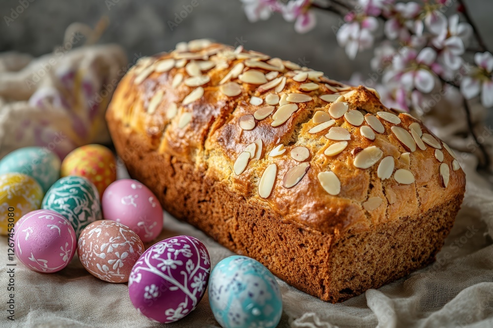 tsoureki Easter loaf with sliced almonds and painted Easter eggs
