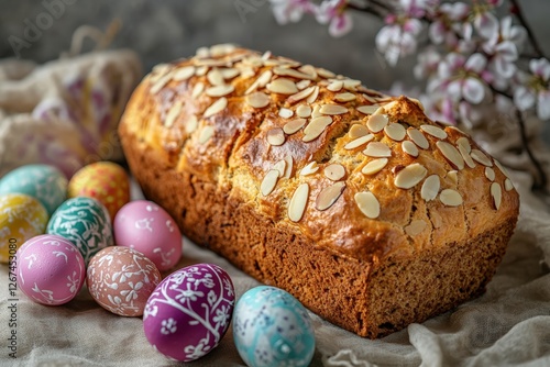 Obraz na płótnie tsoureki Easter loaf with sliced almonds and painted Easter eggs w salonie
