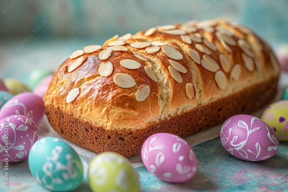 tsoureki Easter loaf with sliced almonds and painted Easter eggs