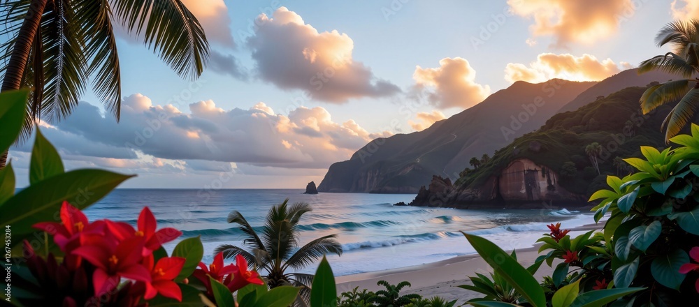 Tropical beach cove at sunset with red flowers in the foreground, palm trees, and dramatic cliffs overlooking the ocean