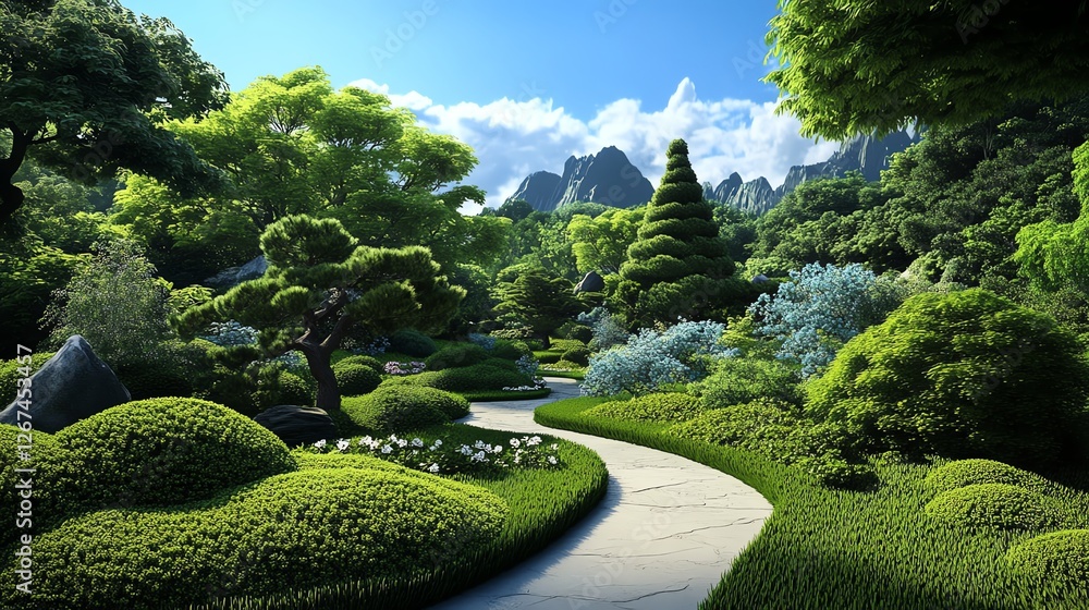 Obraz premium Hidden garden, secret lush paradise in spring, 3D illustration
