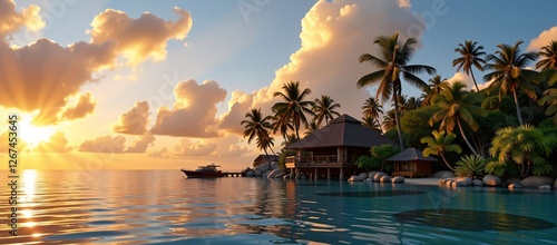 Tropical island paradise at sunset with a small building, palm trees, and a boat anchored in the calm, reflective water, under a dramatic sky