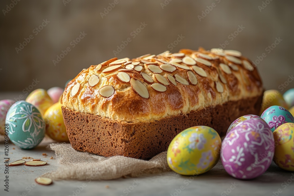 tsoureki Easter loaf with sliced almonds and painted Easter eggs