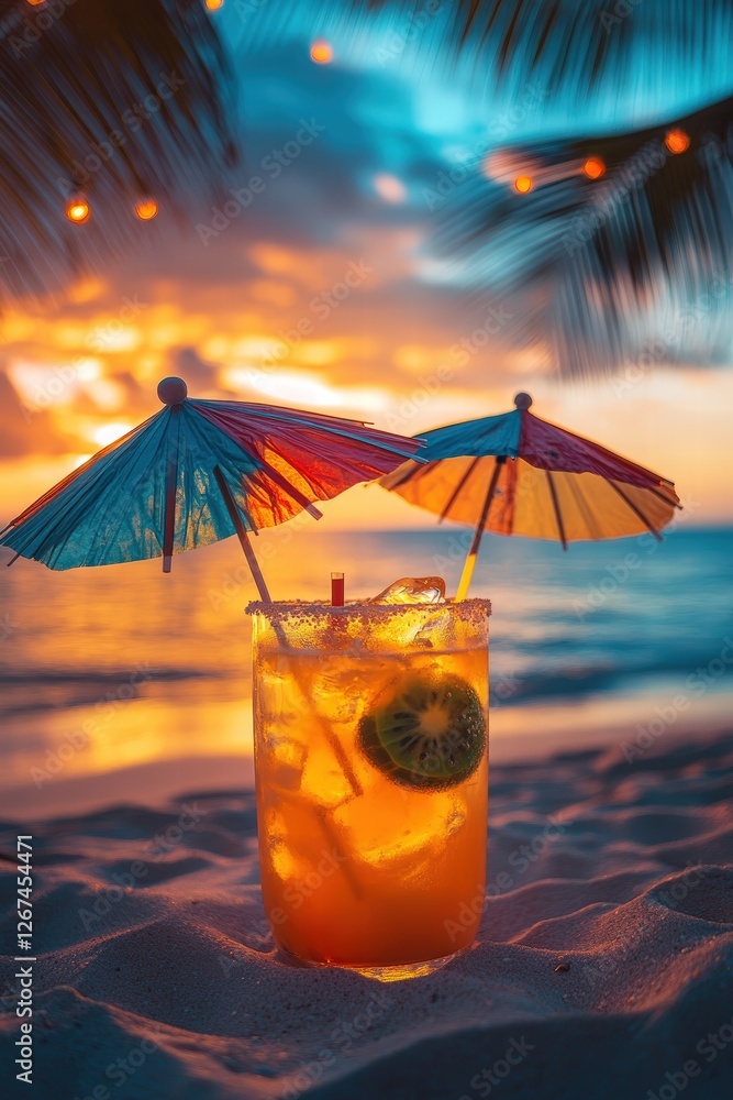 tropical drink with colorful umbrellas on a sandy beach at sunset, surrounded by palm trees and gently swaying sea breeze