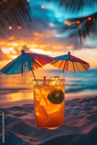 Obraz na płótnie tropical drink with colorful umbrellas on a sandy beach at sunset, surrounded by palm trees and gently swaying sea breeze w salonie