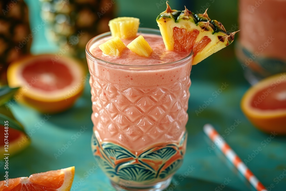 tropical blend of pineapple-grapefruit smoothie served in a colorful glass with an orange straw and garnished with fresh fruit wedges